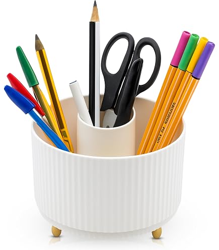 Portapenne Rotante 360° Per Scrivania - Organizer Multiuso Con Scomparti, Base Antiscivolo Oro, Bianco