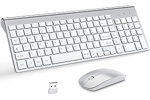 Combo Tastiera e Mouse Wireless Ultrasottili con Tampone Mouse, MOOJAY 2.4G USB Tastiera Mouse Silenziosa Compatta di Switch Forbice con Coperchio, Batterie AA&AAA,per PC/Laptop/Windows-Bianco Argento