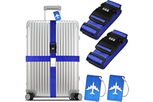 Lot de 2 sangles de bagage avec cadenas et 2 étiquettes de bagage - Bleu marine - Identification personnalisée pour bagages, sac de voyage, valise