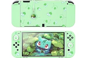 DLseego Protective Case Compatible with Switch OLED,Soft Touch Slim Cover Shell with 2PCS Thumb Grip Caps and Elf Balls Charm,Shock Absorption and Anti-scratch,Green Frog