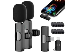 AOUZOVLI Microfono Lavalier Wireless per iPhone/iOS/Androide per YouTube, Facebook,Registrazione Video,Riduzione Intelligente del Rumore Mini Microfono Wireless, con 10 Protezione in Gommapiuma per Microfono