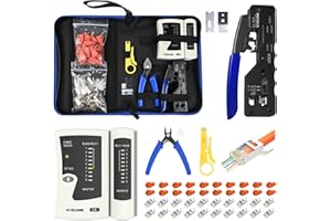 VCELINK Professionnel Network d’installation Kits, Pince à Sertir RJ45 avec 20 Connecteurs RJ45 Cat7/Cat6a Pass Through, Testeur RJ45, Mini Pince à dénuder Pour, RJ45, Sac en Tissu