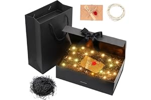 Idota Geschenkbox mit Deckel, Geschenkschachtel Schwarz, Geschenkkarton mit Schleife, Tasche, Farbband, Licht, Raffia, Grußkarten,Geschenkboxen für Hochzeit Geburtstag Weihnachten Jubiläum (Schwarz L)