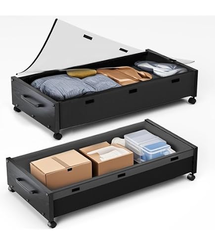 Xadgve Contenitore sotto il letto con ruote, grandi contenitori in bambù da mettere sotto il letto, con sacchetto per la polvere, impilabili, per riporre vestiti, libri, biancheria da letto e