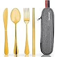 Travel Utensils with Case, Quatish Portable Utensil Set for Work, Stainless Steel Reusable Travel Cutlery Set, Spoon and Fork Set for Camping, Picnic, Gadgets, Men Lunch Box, Gold