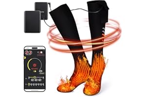 Fwiull Calze Riscaldate a Batteria,2×5000mAh Ricaricabili Calzini Scaldapiedi con App,Scaldapiedi Elettrici con 3 Impostazioni di Riscaldamento,Calze Riscaldate Elettrica per Ciclismo/Pesca/Trekking