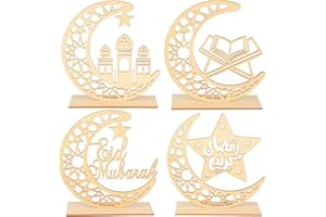 HOWAF 4 Eid Mubarak Wooden Ornament, Eid Mubarak Moon Star Ornament Ramadan Kareem Hollow Decoration Ramadan Mubarak Wood Tabletop Decor, Eid Decorations Eid Ramadan Decorations for Home, B