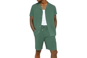 WJL WHISPERING JONES LONDON Mens Crinkle Textured Co-ord Shirt Short Set Anti Wrinkle Two Piece Breathable Top & Bottom Summer Beach