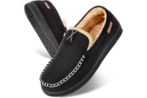 LongBay Men's Moccasin Slippers Memory Foam Warm Comfy Fluffy Faux Fur House Shoes with Indoor Outdoor Rubber Sole