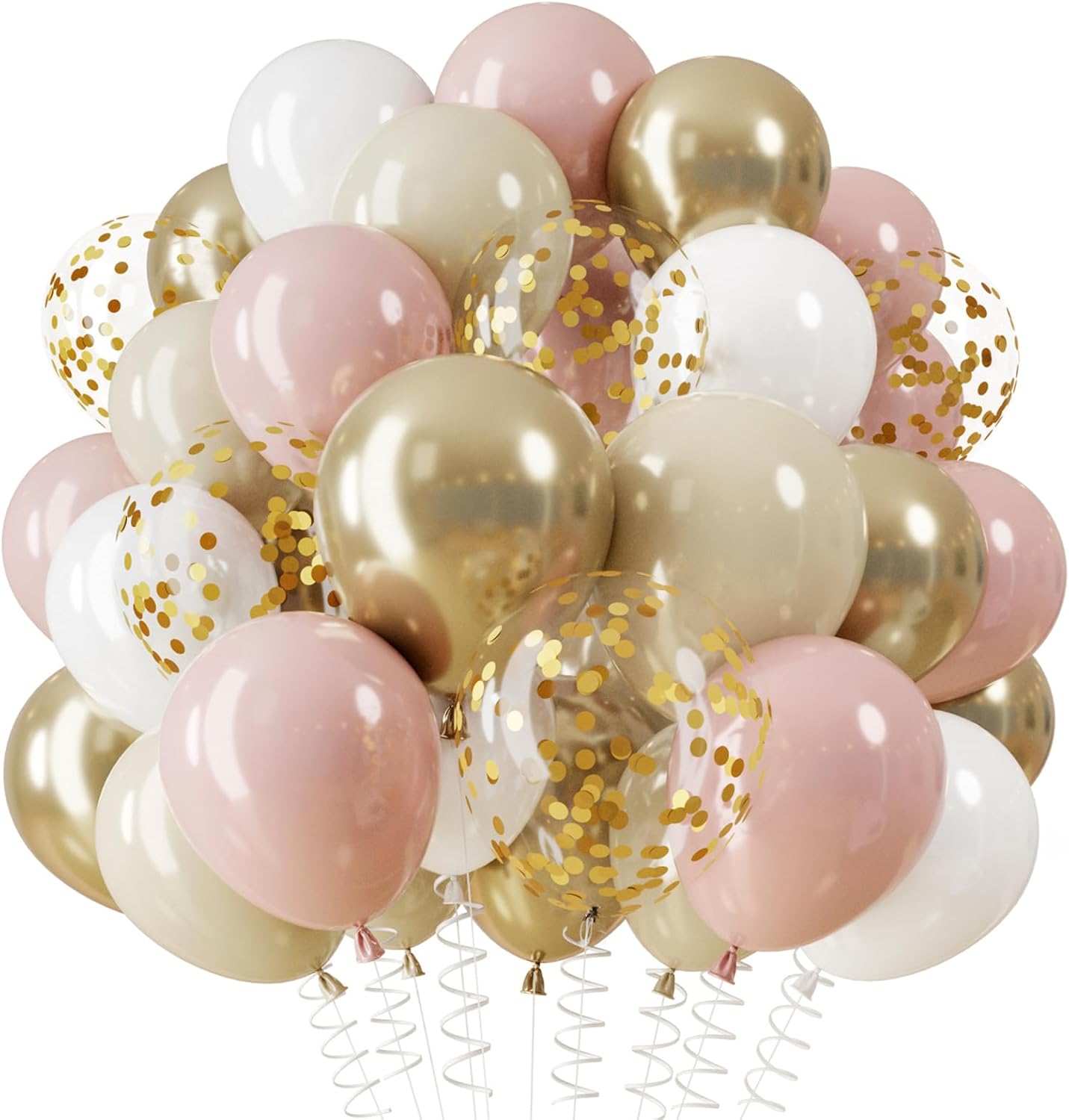 QIFU Ballon Anniversaire Rose Gold, 12 Pouces Ballon Rétro Rose Sable Blanc | Helium Ballons Rose et Blanc avec Confettis Doré Ballon pour Anniversaire Mariage Baby Shower Bapteme Fiançailles St Valentin