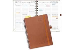 POPRUN Agenda 2025 2026 Semainier 22 x 16,5 cm D'Août 2025 à Déc 2026, Planner Vertical Scolaire 17 Mois avec Couverture Souple Spirale, Règle et signet, Papier 80g/m², Marron