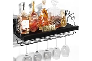 Love-KANKEI Wine Rack Wall Mounted Wine Glass Rack Floating Shelf with Stemware Hanger for Kitchen, Wood Shelf for Home Bar (Black)