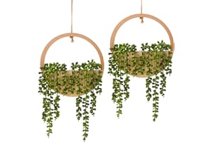 Hobyhoon Hängende Pflanze, künstliche Sukkulenten, künstliche Perlenschnur, Pflanzen, 31,8 cm, im Holztopf für Innen- und Außenbereich, Wanddekoration