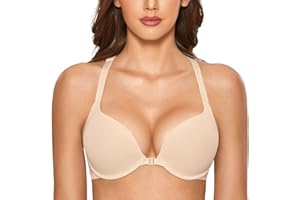 DOBREVA Biustonosze damskie zapinane z przodu Push Up Plunge Lace Racer Back T-Shirt Bra Padded Underwired