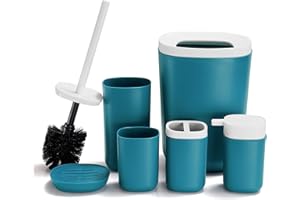GERUIKE Bathroom Accessory Set 6 Pieces Plastic Bathroom Accessories Toilet Brush, Toothbrush Holder, Plastic Cup, Soap Dish, Trash Can, Lotion Dispenser (Cyan)