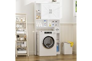 FiveWillowise Toilettenregal, Waschmaschinenschrank mit 6 offene Fächer, Verstellbare Ablagen, Waschmaschinenregal mit Seitenschrank und Doppelholztür, für Badezimmer und Waschküche, 172x82x20cm, Weiß