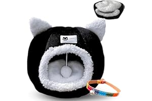 KawaiPets - Cama para Gatos y Perros Pequeños 2 en 1, Refugio Cueva Suave, Cama Lavable con Juguete y Collar - 40x40x40 cm - Color Negro