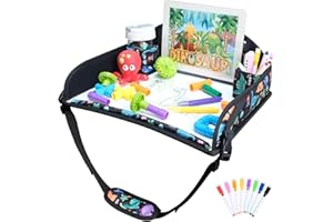 INFANZIA Reisetisch Spieltisch für Kinder - Knietablett mit Zeichenbrett, Multifunktional Esstisch Snack Tablett, Autositz Tisch für Flugzeug Zug Reisen - Unterstützung, Faltbarer Organizer, Dinosaurier