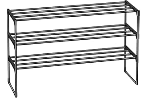 AMHANCIBLE 3-Tier Shoe Rack, Black Metal Shoe Stand for 12-15 Pairs, Space Saving Shoe Organizer, Upright or Upside Down, Stackable Shoe Shelf for Hallway, Bedroom, Closet, Entryway UHSRM03BK