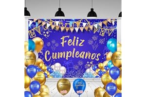 PURE 4HOME Pancarta Feliz Cumpleaños 110x180cm + 20 Globos | Cartel Decoración Fiesta Adulto Hombre Mujer | Photocall Cumpleaños Azul y Dorado | Telón Fondo con Cuerda | Adornos y Decoración