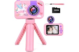 GUKKK Macchina Fotografica Bambini, 2.4 Pollici Fotocamera Digitale Bambini 180 °Flip Len, 1080P Fotografica Bambini Video Camera con Scheda 32 GB, Regalo di Natale per Ragazzi Ragazze 3-12 Anni (Rosa)