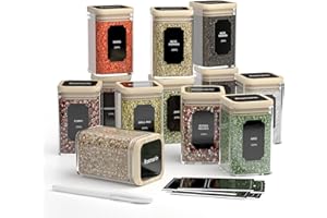 FINEW Set di barattoli per spezie rettangolari – 12 x 200 ml, di alta qualità in vetro con coperchio in bambù, ermetici in vetro con etichette e pennarelli, barattoli per conservare le spezie