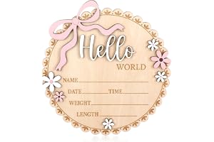 Ouligay milstolskort baby trä, Hello World träskylt välkomstskylt för nyfödda trä födelsevisning hej värld baby skylt meddelandeskyltar för blivande föräldrar gåva (vågkant)