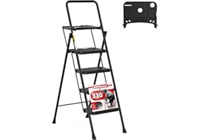 4 Step Ladder, HBTower Folding Step Stool with Tool Platform, Wide Anti-Slip Pedal, Sturdy Steel Ladder, Convenient Handgrip, Lightweight 150kg Portable Steel Step Stool, Black