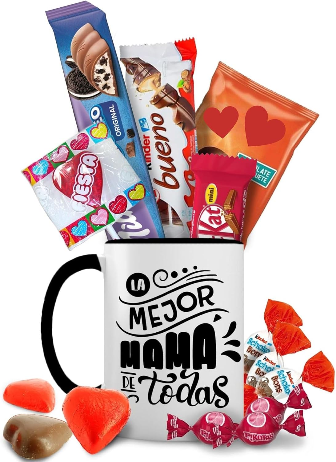 Taza Regalo Día de la Madre con de +14 Chocolates - Regalo Original con Chocolatinas Kinder,Milka,Kit-Kat y Chucherías - "La Mejor Mamá de Todas"
