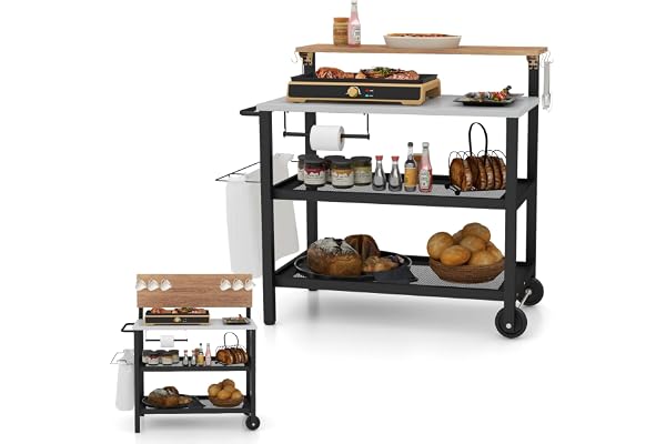 GOPLUS 2 en 1 Desserte Jardin Exterieur avec Plateau Rabattable, Desserte Plancha Barbecue 3 Niveaux avec Crochets, Porte-Serviettes et Porte- Poubelle, pour Jardin,Terrasse 135+45+25KG,116x55x130CM
