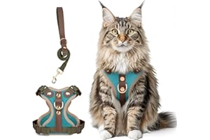 Muecleao Escape Proof Cat Harness and Leash Set, Premium Microfiber Leather Trim, Adjustable Reflective Vest Harness for Cats, Breathable No-Pull Kitten Harness with Soft Mesh (Blue + Army Green, M)