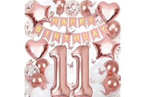 NELOTAOR 11th Birthday Decorations for Girls, Rose Gold 40 Inch Number 11 Foil Birthday Balloons with Happy Birthday Banner and Butterfly Stickers