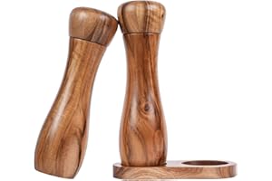 DeroTeno Juego de Molinillos de Sal y Pimienta con Bandeja, Juego de 2 Molinillos de Sal y Pimienta con mecanismo cerámico de molienda, de Madera de Acacia, Altura 20,5 cm, Diámetro 6 cm