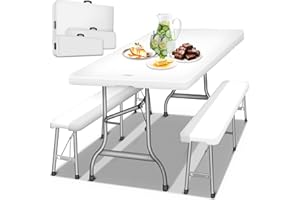 tillvex® Bierzeltgarnitur klappbar 3-teilig Set | Kunststoff Gartengarnitur wetterfest 180 cm | Gartenmöbel Set Indoor & Outdoor mit Gartentisch und Bänken | Festzeltgarnitur (Weiß)