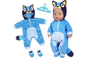 CARREUTY Doll Clothes Outfits Overalls for 14-17 Inch Baby Dolls, Doll Clothes with Hanger Socks, Blue Dog Clothes for 35-43cm Baby Dolls Birthday Gift for Girls Kids