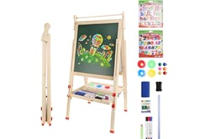 Dripex Kids Easel, Children's Wooden Art Easel Foldable, Double-Sided Magnetic Blackboard & Whiteboard for Kids and Toddlers, Chalkboard with Painting Art Supplies