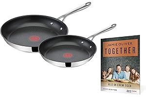 Tefal Jamie Oliver Cook's Direct On E304S2 - Set di 2 padelle + libretto Together con 10 ricette | 24,28 cm | adatto a induzione | lavabile in lavastoviglie | segnale termico | acciaio inossidabile