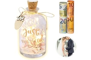 BRISKORE BRISKRE - Luz LED para botella de boda, regalo de boda para novios, regalo de boda único, hucha para dinero, regalo de boda, regalo de dinero, personalizable, regalo de boda (Just Married)