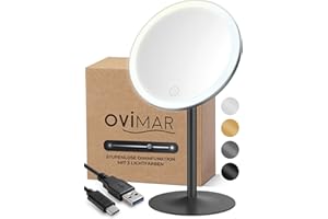 ‎OVIMAR ovimar Kosmetikspiegel Skorpa schwarz | mit Beleuchtung | wiederaufladbar | freistehend | im Badezimmer | 5fach Vergrößerungsspiegel | Schminkspiegel mit Licht | 360 Grad Spiegel