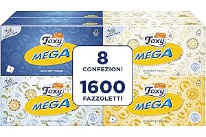 Foxy Mega | Fazzoletti in scatola | 8 Box da 200 fazzoletti 2 veli | 4 colori assortiti | Carta 100% certificata FSC® | Confezione 100% riciclabile