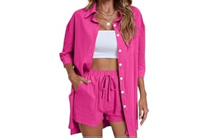 Azazaza Women's Two Piece Outfits Shirt and Shorts Set Summer Long Sleeve Buckle Lapel Shirt Top Drawstring Elastic Shorts Tracksuit Casual Streetwear Beach suit