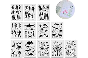 TUCIYKE Set di 12 stencil in plastica per disegno e pittura, per diari, diari, quaderni, disegni fai da te, biglietti regalo, personaggi, animali, fiori, albero, arte, artigianato, progetti