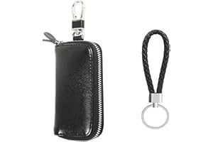 Leather Key Case Wallet ZoomSky Zipped Key Holder Case Keyring Purse Pouch Remote Wallet Bag with 6 Hooks & 1 Car Key Hook for Men Women (Black)