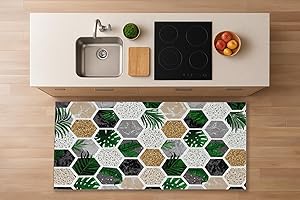 Exma Alfombra Cocina de Vinilo Lavable Antideslizante Resistente Fácil de Limpiar Vinilica Cocina Diseño Elegante | Alfombras de Habitacion Multiusos | Suelo Vinilico para Pasillo - Hexa Jardín