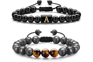 TINGN Lavastein Armband Set Herren, 2 Stück 8MM Tigerauge Stein Armband Obsidian Buchstaben Armband Stressabbau Yoga Perlen Armbänder Verstellbare Anti Angst Armband Geburtstag Geschenke für Männer