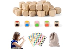 RICKMASK Pack of 30 Wooden Cubes, Blank Wooden Cubes, DIY Empty Dice, 20 mm Wooden Cube with Bag with Drawstring Colour Dot Stickers, Unpainted Wooden Cubes for Decorations and Craft Projects