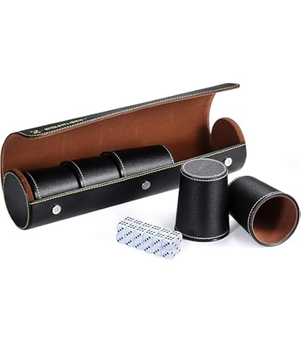 PRITOK Set Di 6 Bicchieri Portadadi In Pelle Con 36 Dadi – Silenziosi Per Giochi Da Tavolo, Bar, Liar's Dice, Arancione, 8,2x9,2 Cm - 2