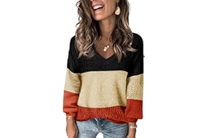 Fisoew Damski sweter z dzianiny z dekoltem w serek, z długim rękawem, prążkowany, lekki sweter szydełkowy na co dzień