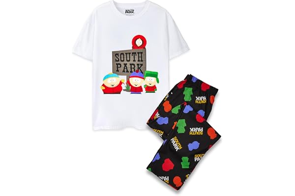 South Park Pyjamasset för män | Vuxna klassisk karaktär komedi vit kortärmad grafisk t-shirt och svart heltäckande tryck lång