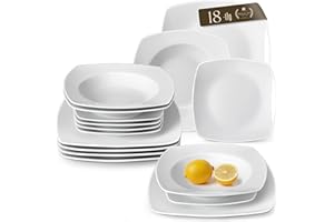 MALACASA Julia Series 18-Piece Square Dinner Sets for 6 People, Ivory White Porcelain Plates and Bowls Set, Scratch Resistant Ceramics Crockery Set, Dishwasher & Microwave Safe